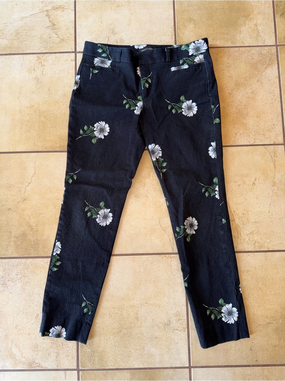 Banana Republic Black Skinny Jeans with White Floral Print